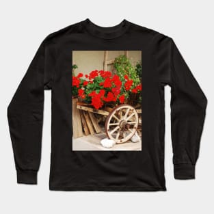 Red Geraniums on Antique Wooden Cart 2 Long Sleeve T-Shirt